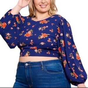 NWT sugar lips curve boutique Floral Blue balloon sleeve crop Top plus size